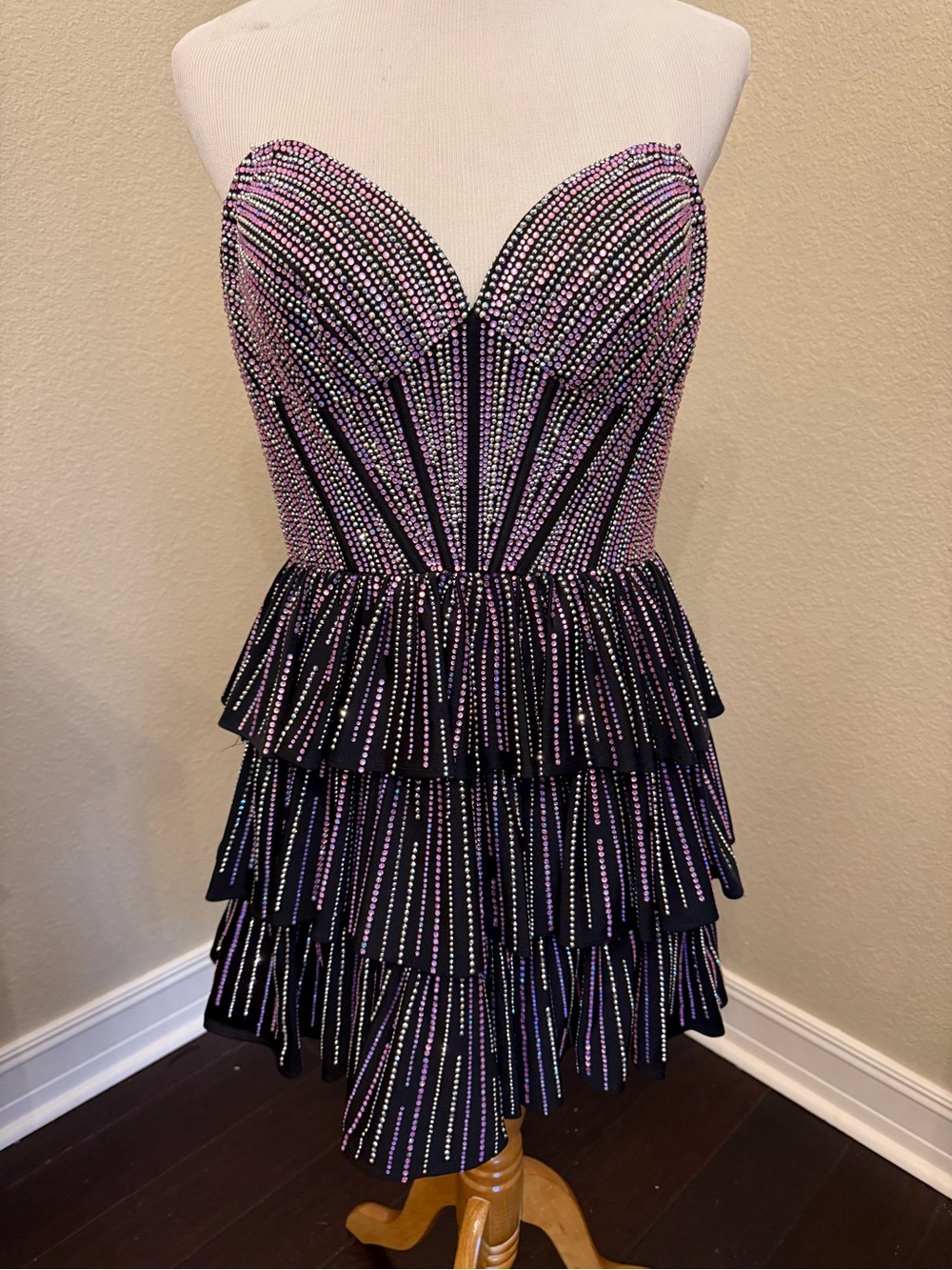 Sherri Hill Black and Purple Embellished Strapless Ruffled Prom Dress